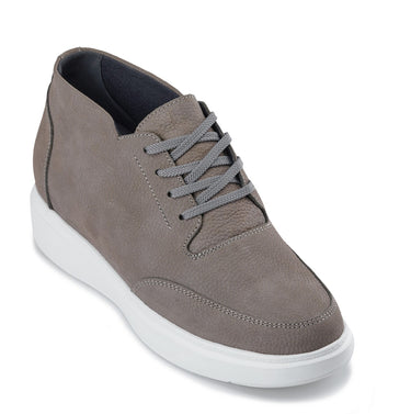 Elevator shoes height increase CALTO - J1771 - 3.2 Inches Taller (Grey) - Casual Chunky Sole Boots – Soft Pebble Grain Nubuck Leather