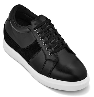 Elevator shoes height increase CALTO - K1530 - 3 Inches Taller (Black) - Lightweight Leather Sneakers