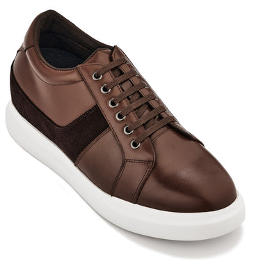 Elevator shoes height increase CALTO - K1532 - 3 Inches Taller (Coffee Brown) - Lightweight Leather Sneakers