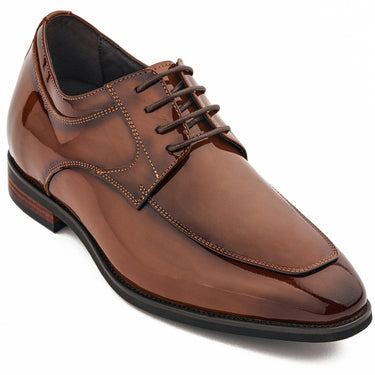 Elevator shoes height increase CALTO - K2711 - 2.8 Inches Taller (Caramel Brown) - Patent Leather Dress Derbies