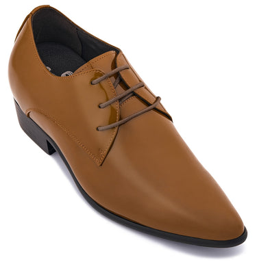 Elevator shoes height increase CALTO - K2728 - 2.8 Inches Taller (Light Brown) - Patent Leather Sharp Toe Dress Derbies - Lightweight