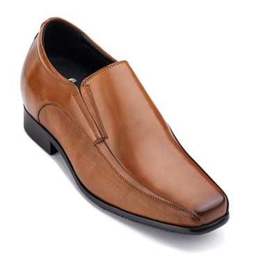 Elevator shoes height increase CALTO Slip-On Brown Leather Dress Shoes - Three Inches - Y3022