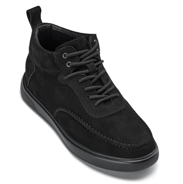 Elevator shoes height increase CALTO - Y7113 - 2.8 Inches Taller (Black) - Nubuck Suede Moc-Toe Sneak-Boots