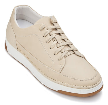Elevator shoes height increase CALTO - Y7934 - 2.6 Inches Taller (Ivory White Suede/White & Gum Sole) - Elevated Leather Sneakers
